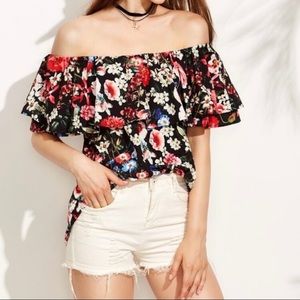 Zara Woman Off Shoulder Ruffle Top in Black with Multi-Color Floral - Small